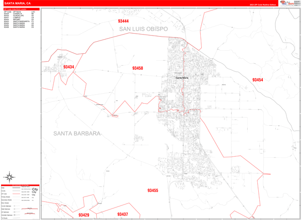Santa Maria City Wall Map Red Line Style